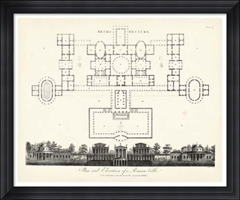 Framed Plan &amp; Elevation for a Roman Villa Print