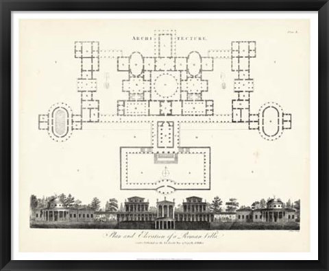 Framed Plan &amp; Elevation for a Roman Villa Print