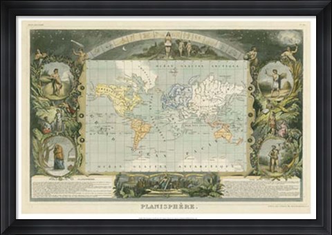 Framed 1885 Planisphere of the World Print