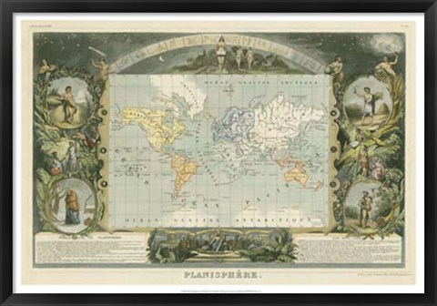 Framed 1885 Planisphere of the World Print