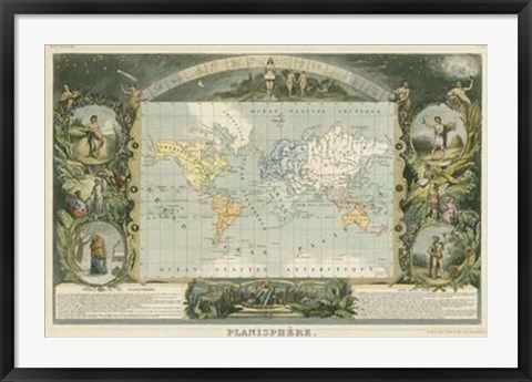 Framed 1885 Planisphere of the World Print