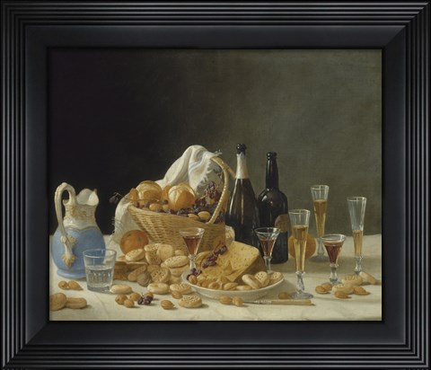 Framed Still Life with Wine Bottles and Basket of Fruit, 1857 Print