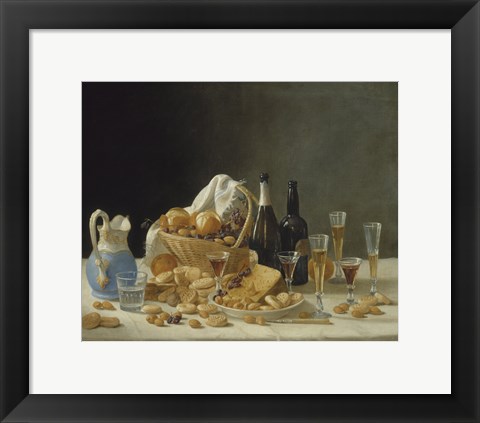 Framed Still Life with Wine Bottles and Basket of Fruit, 1857 Print