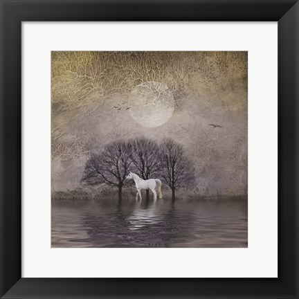 Framed White Horse in Pond Print