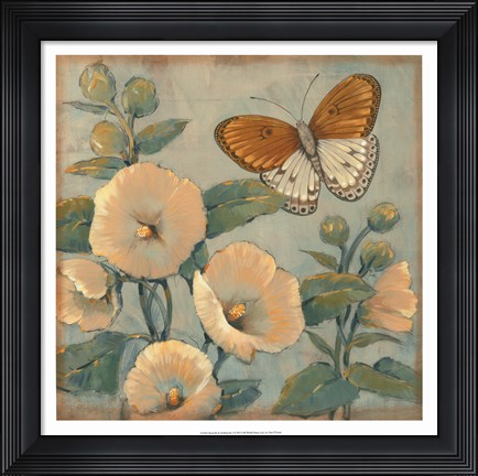 Framed Butterfly &amp; Hollyhocks I Print