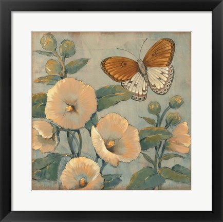 Framed Butterfly &amp; Hollyhocks I Print
