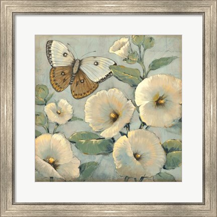 Framed Butterfly &amp; Hollyhocks II Print