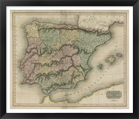 Framed Vintage Map of Spain &amp; Portugal Print