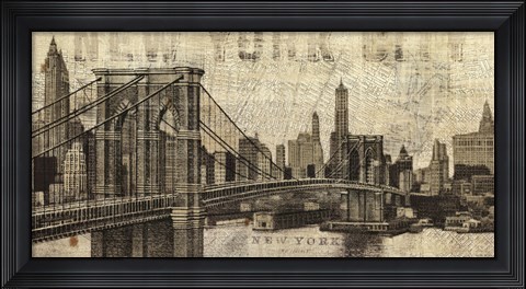Framed Vintage NY Brooklyn Bridge Skyline Print