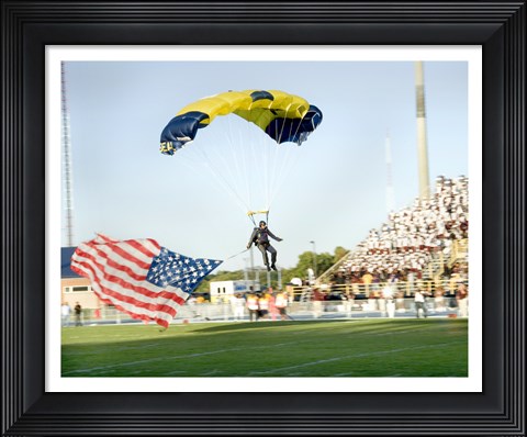 Framed U.S. Navy Demonstration Parachute Team, the Leap Frogs, Lands at the 50 Yard Line of Aggie Stadium Greensboro NC Print