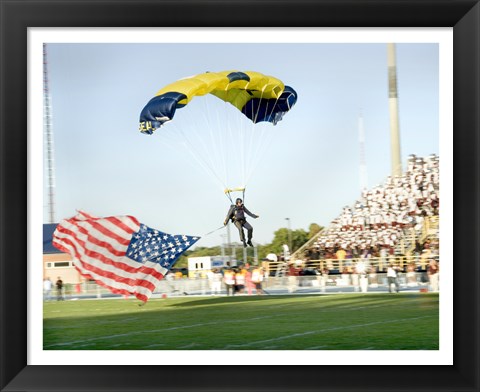 Framed U.S. Navy Demonstration Parachute Team, the Leap Frogs, Lands at the 50 Yard Line of Aggie Stadium Greensboro NC Print