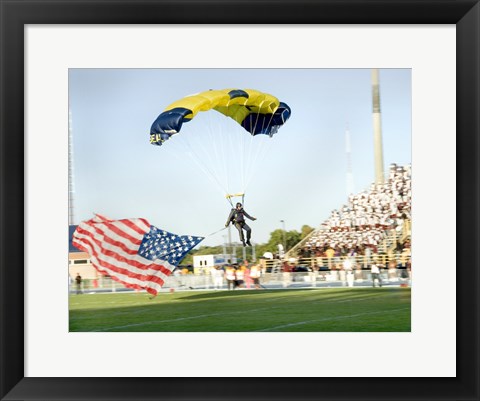 Framed U.S. Navy Demonstration Parachute Team, the Leap Frogs, Lands at the 50 Yard Line of Aggie Stadium Greensboro NC Print
