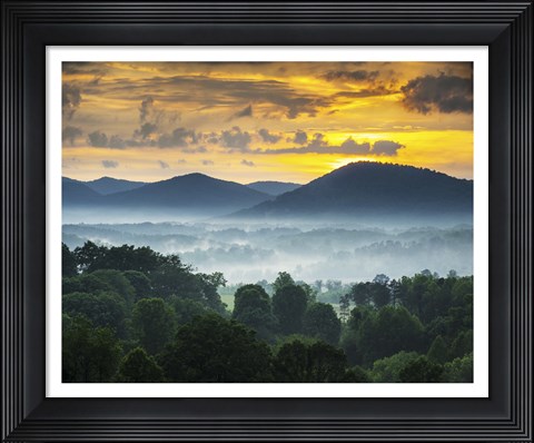 Framed Asheville NC Blue Ridge Mountains Sunset and Fog Landscape Print