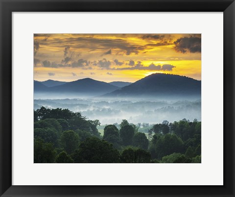 Framed Asheville NC Blue Ridge Mountains Sunset and Fog Landscape Print