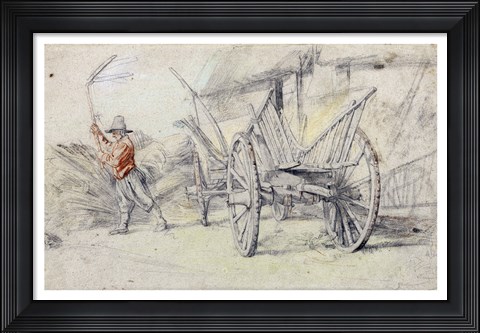 Framed Man Threshing Beside a Wagon Print