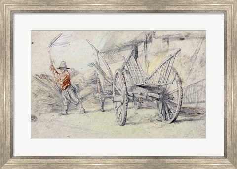 Framed Man Threshing Beside a Wagon Print