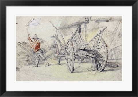 Framed Man Threshing Beside a Wagon Print