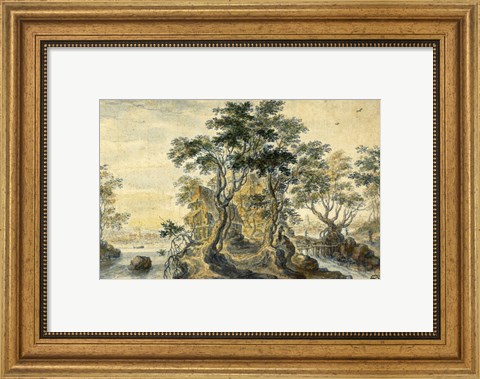 Framed River Landscape with House on a Rocky Island Print