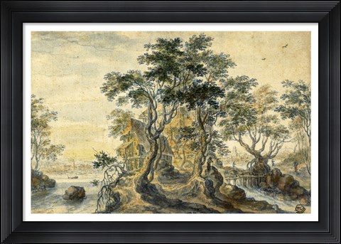 Framed River Landscape with House on a Rocky Island Print