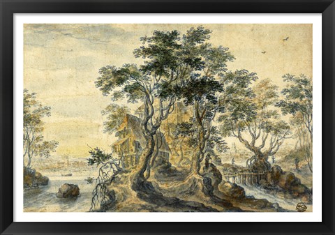 Framed River Landscape with House on a Rocky Island Print