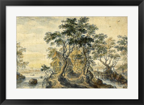 Framed River Landscape with House on a Rocky Island Print