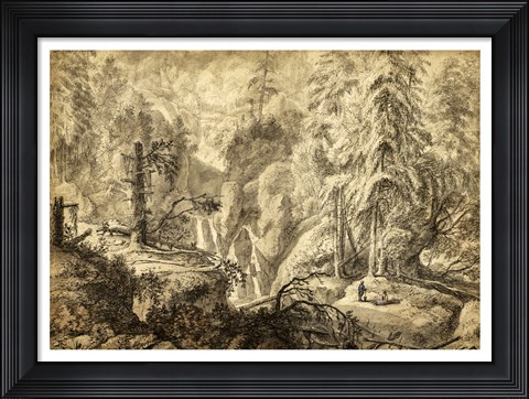 Framed Mountain Landscape, Peasants in a Clearing near a Waterfall Print