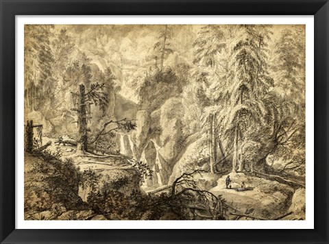 Framed Mountain Landscape, Peasants in a Clearing near a Waterfall Print