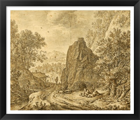 Framed Mountain Landscape with Figures Print