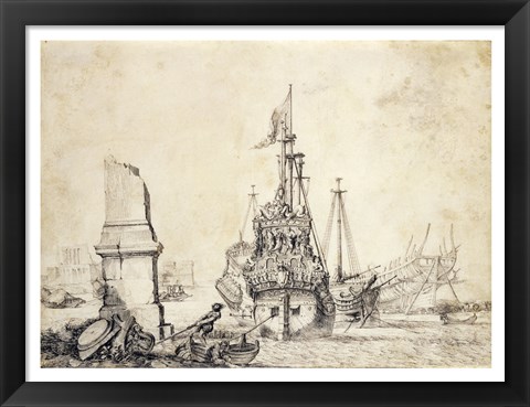 Framed Ship in a Port with a Ruined Obelisk Print