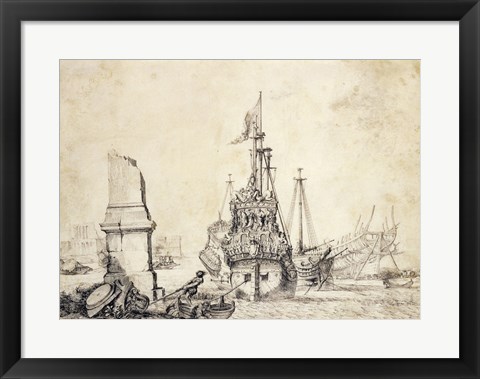 Framed Ship in a Port with a Ruined Obelisk Print