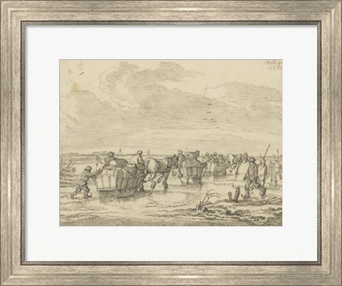 Framed Scene on the Ice with Skaters and Wagons Print