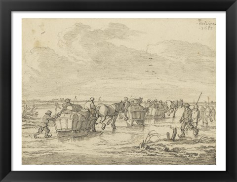 Framed Scene on the Ice with Skaters and Wagons Print