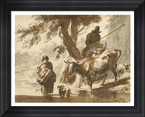 Framed Cows Crossing a Ford with a Couple and a Dog Print