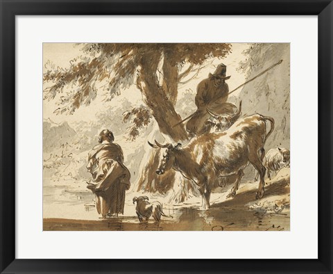 Framed Cows Crossing a Ford with a Couple and a Dog Print