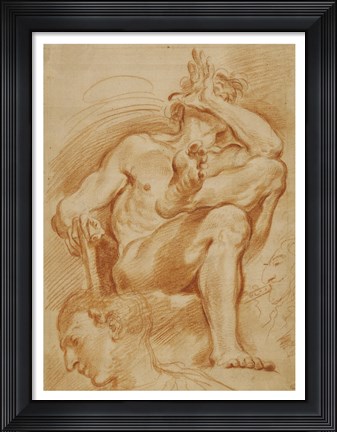 Framed Seated Nude Man, A Youthful Head, and a Caricature Head of a Man Playing a Pipe Print