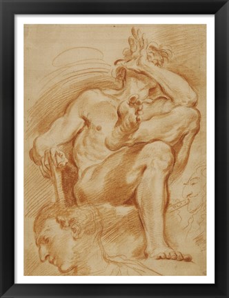 Framed Seated Nude Man, A Youthful Head, and a Caricature Head of a Man Playing a Pipe Print