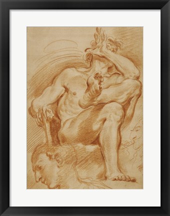 Framed Seated Nude Man, A Youthful Head, and a Caricature Head of a Man Playing a Pipe Print