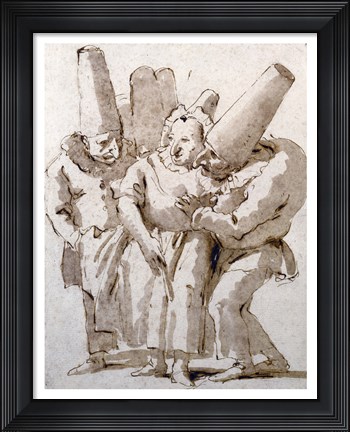 Framed Punchinellos Approaching a Woman Print