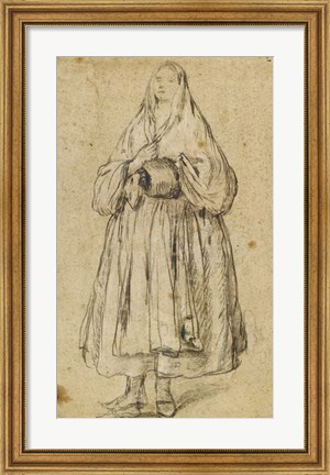 Framed Standing Woman Holding a Muff and Shawl Print