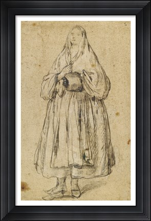 Framed Standing Woman Holding a Muff and Shawl Print