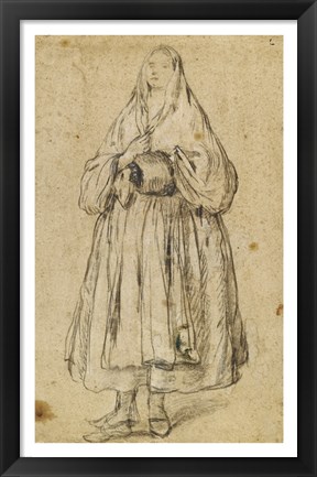 Framed Standing Woman Holding a Muff and Shawl Print