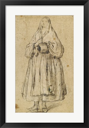 Framed Standing Woman Holding a Muff and Shawl Print