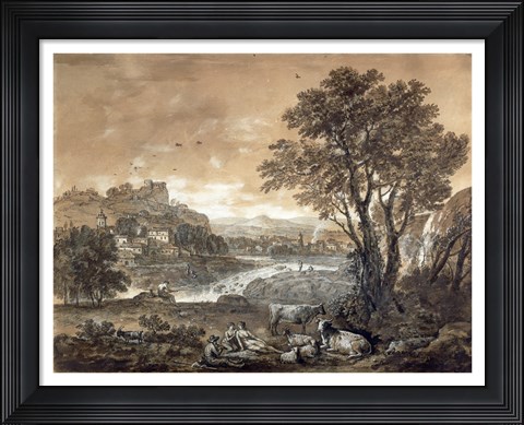 Framed Landscape with Shepherds Resting Under a Tree by a Cascade Print
