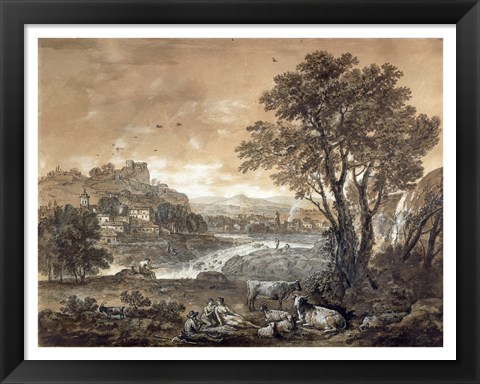 Framed Landscape with Shepherds Resting Under a Tree by a Cascade Print