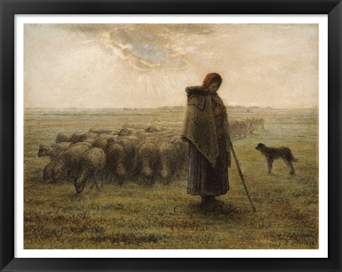 Framed Shepherdess and Her Flock Print