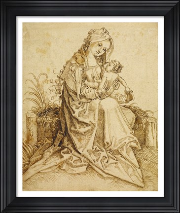 Framed Virgin and Child on a Grassy Bench Print