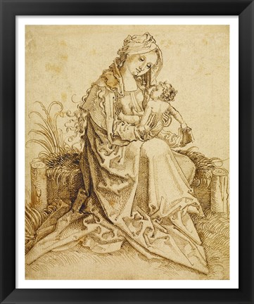 Framed Virgin and Child on a Grassy Bench Print