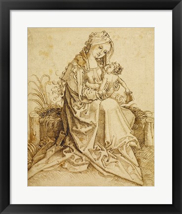 Framed Virgin and Child on a Grassy Bench Print