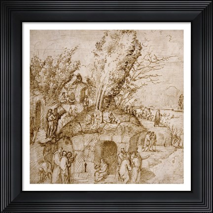 Framed Thebaid: Monks and Hermits in a Landscape Print