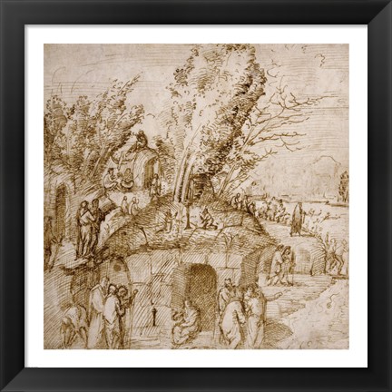 Framed Thebaid: Monks and Hermits in a Landscape Print